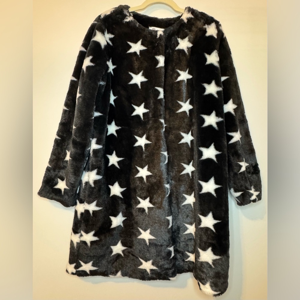 Fever Women’s Star-Print Faux-Fur Coat Oversized Size M - Picture 2 of 9